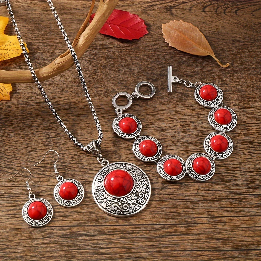 Bright Red Turquoise Necklace Set, Ancient Ethnic 3pcs